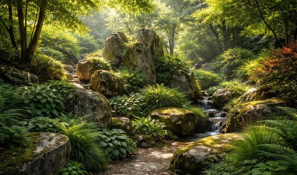 jardin-roches-plantes-luxuriantes-soleil