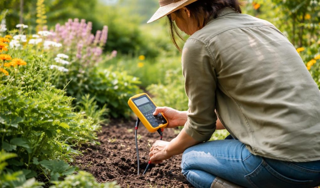 personne-agenouillee-jardin-multimetre-plantes