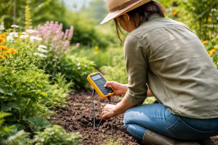 personne-agenouillee-jardin-multimetre-plantes