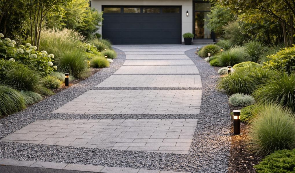 allee-garage-moderne-paves-verdure