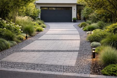 allee-garage-moderne-paves-verdure