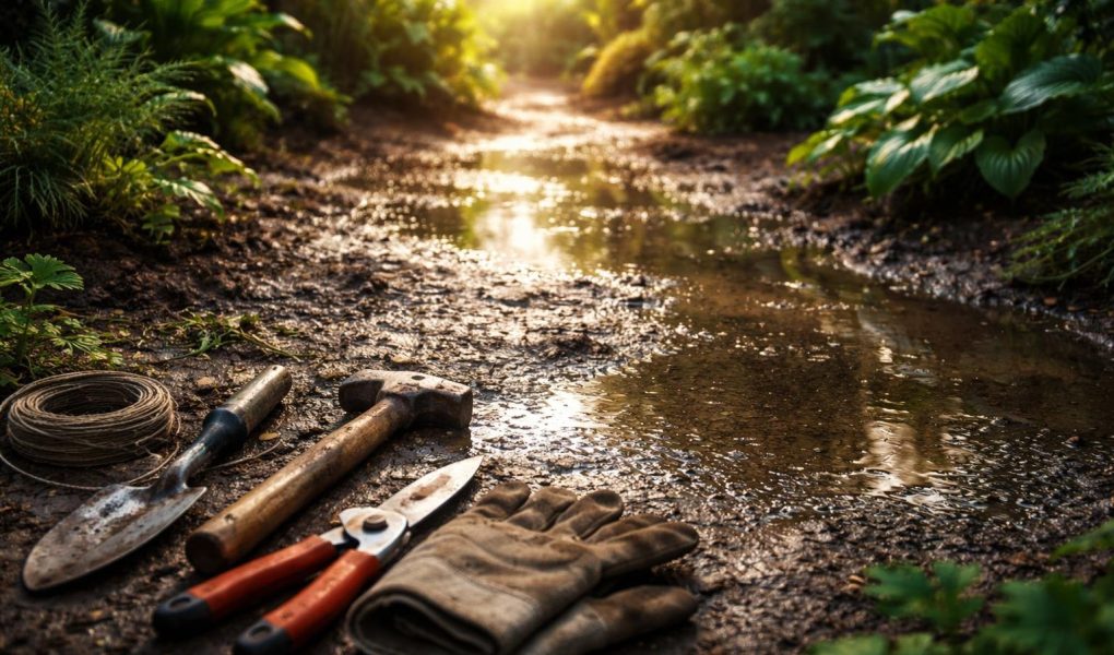 sol-humide-flaques-outils-plantes