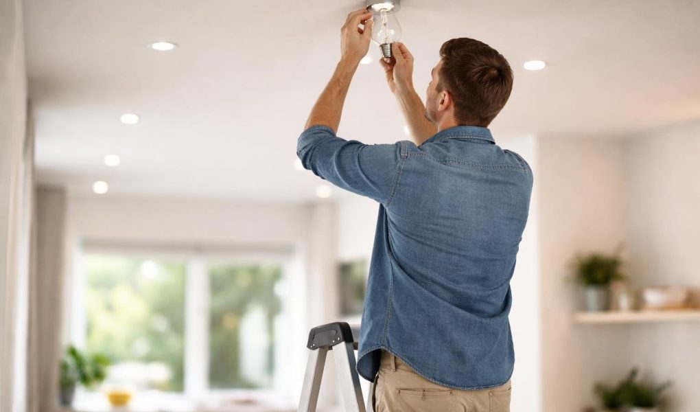 homme-echelle-changement-spot-plafond