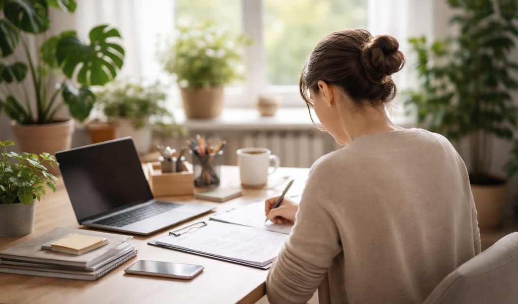 bureau-personne-documents-plantes-fenetre