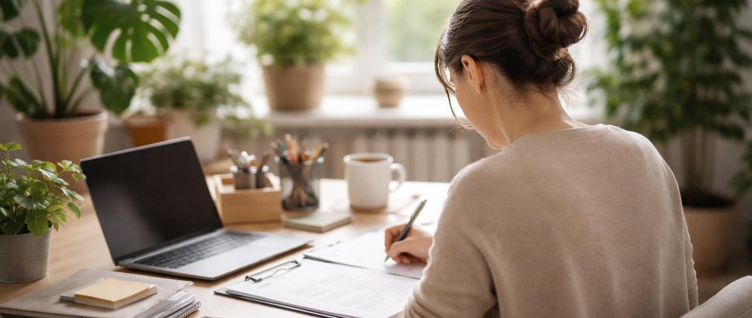 bureau-personne-documents-plantes-fenetre