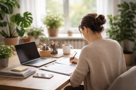 bureau-personne-documents-plantes-fenetre